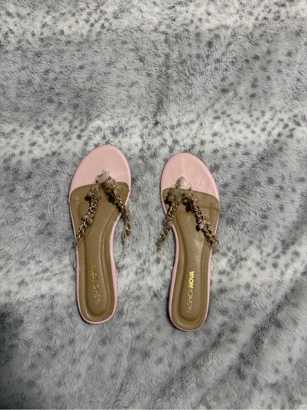 Fashion Nova Pink Thong Sandals with Gold Chain Accent